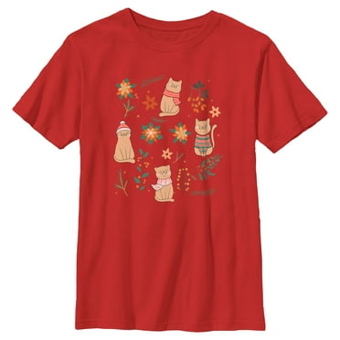Boy's Lost Gods Christmas Floral Cats  Graphic Tee Red Medium