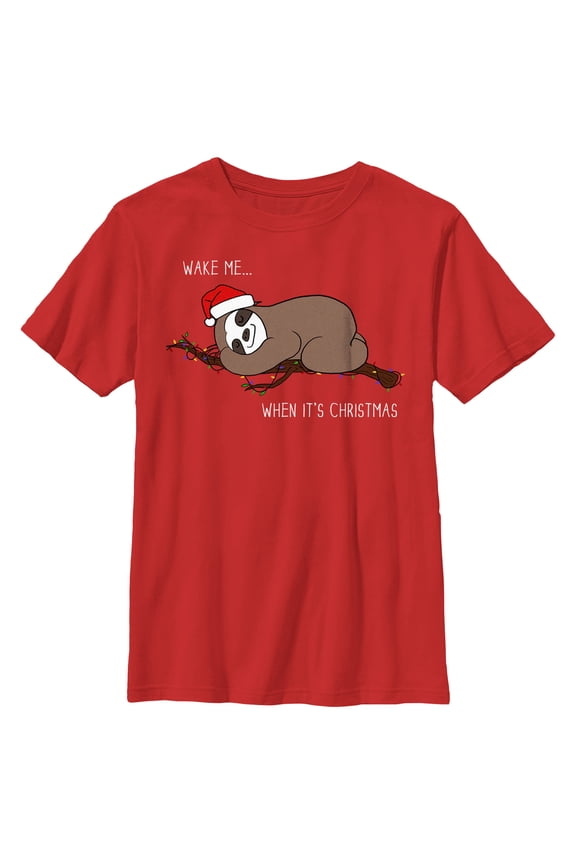 Boy's Lost Gods Christmas Wake Me Sloth Graphic Tee Red Large