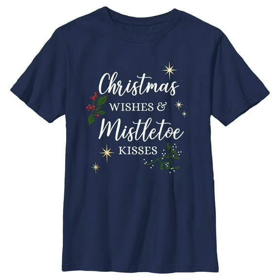 Boy's Lost Gods Christmas Wishes and Mistletoe Kisses  Graphic Tee Navy Blue Medium
