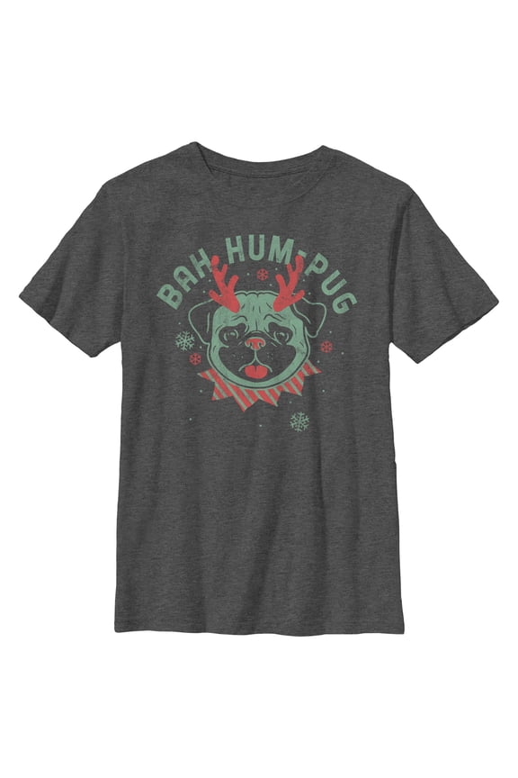 Boy's Lost Gods Distressed Bah Hum-Pug  Graphic Tee Charcoal Heather Medium