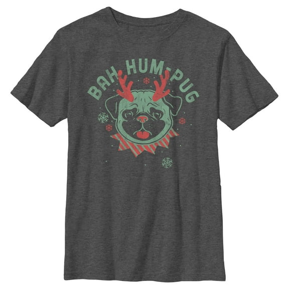 Boy's Lost Gods Distressed Bah Hum-Pug  Graphic Tee Charcoal Heather Small