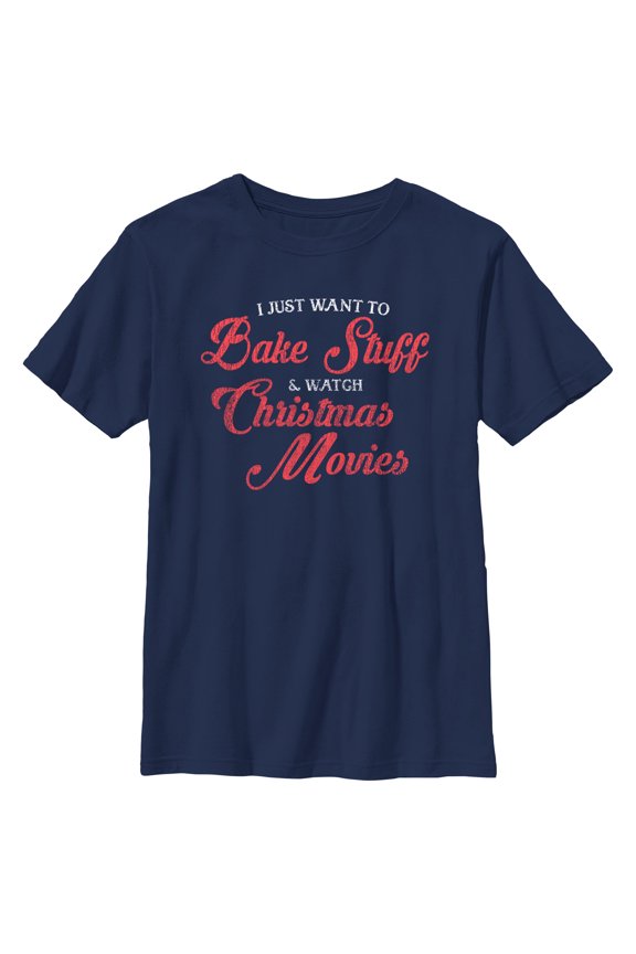 Boy's Lost Gods Distressed Bake Stuff and Christmas Movies Graphic Tee Navy Blue Large