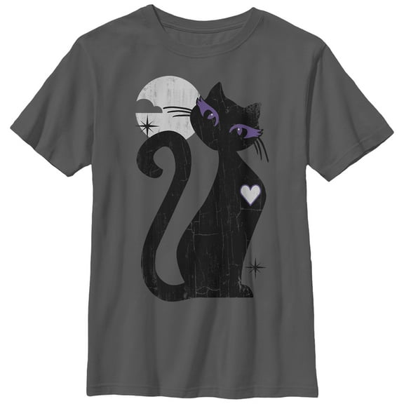 Boy's Lost Gods Halloween Full Moon Black Cat Heart  Graphic Tee Charcoal Medium