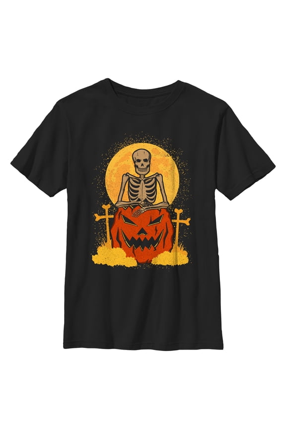 Boy's Lost Gods Halloween Skeleton and Jack-O'-Lantern Graphic Tee Black X Large