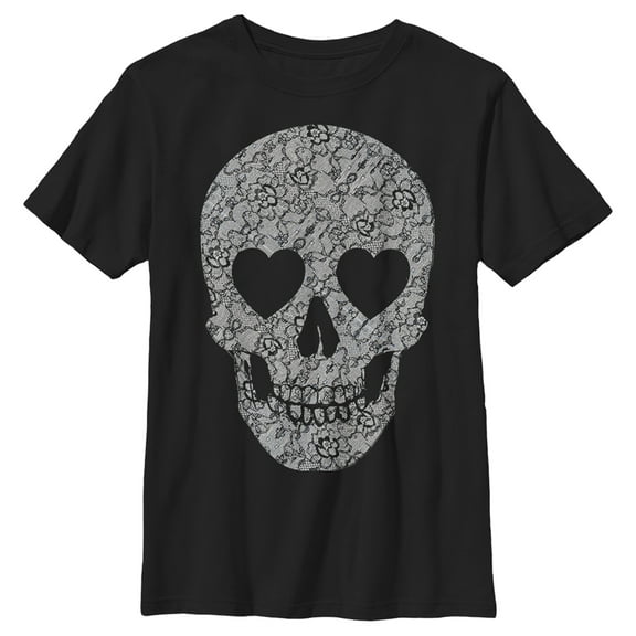 Boy's Lost Gods Lace Print Heart Skull Graphic Tee Black X Small