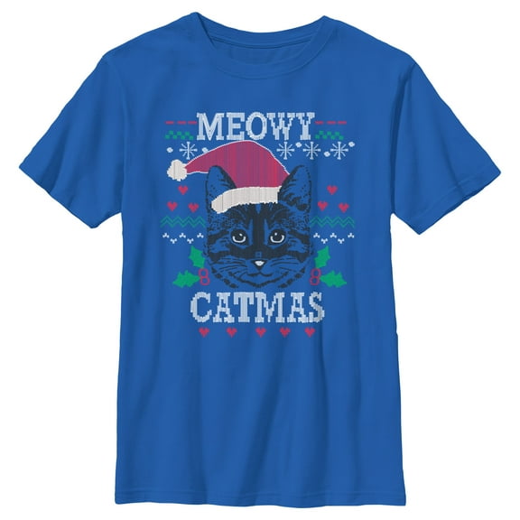 Boy's Lost Gods Meowy Catmas Knit  Graphic Tee Royal Blue Medium