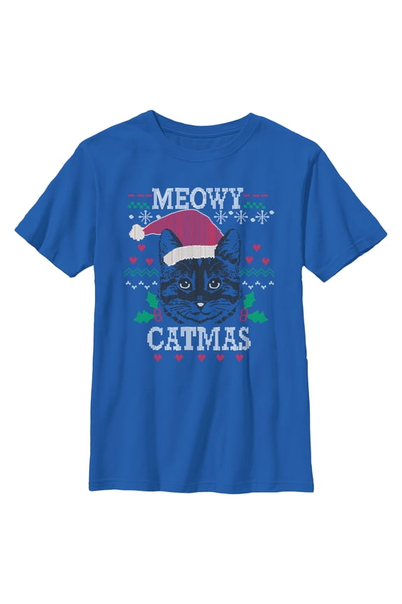 Boy's Lost Gods Meowy Catmas Knit Graphic Tee Royal Blue Medium
