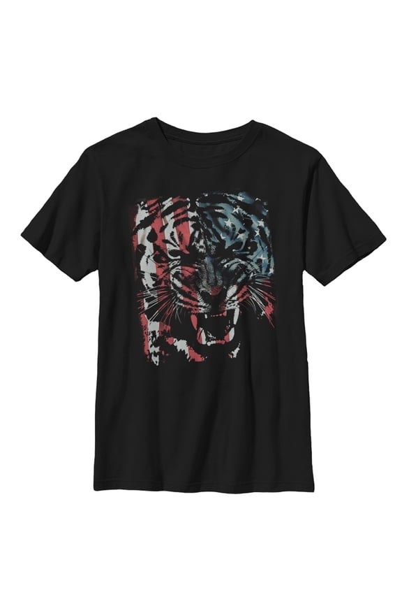Boy's Lost Gods Tiger Growl American Flag Graphic Tee Black Small