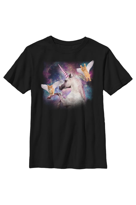 Boy's Lost Gods Unicorn and Flying Cats in Space Graphic Tee Black Small