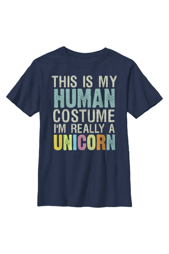 Boy's Lost Gods Unicorn in Human Costume Graphic Tee Navy Blue Large