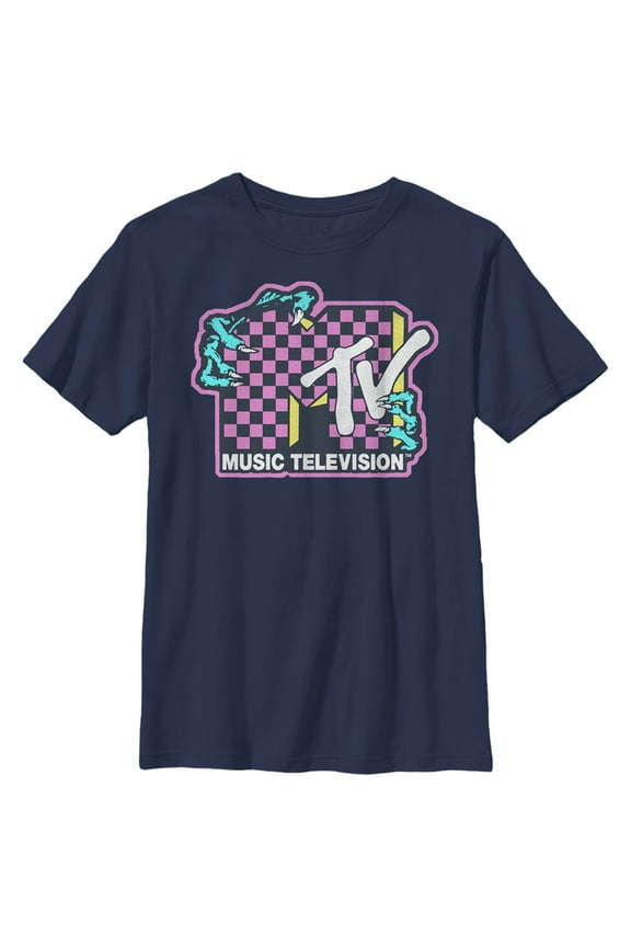 Boy's MTV Checker Dragon Logo Graphic Tee Navy Blue Small