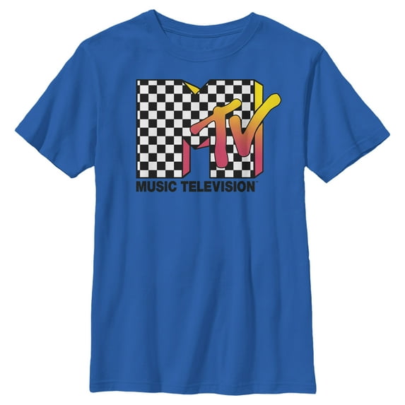 Boy's MTV Checkered Fade Logo Graphic Tee Royal Blue X Large