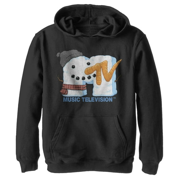 Boy's MTV Christmas Logo Snowman Pull Over Hoodie Black Medium