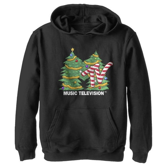 Boy's MTV Christmas Tree Logo  Pull Over Hoodie Black X Large