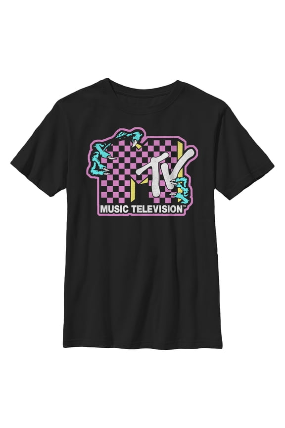 Boy's MTV Dragon Checker Logo  Graphic Tee Black Medium