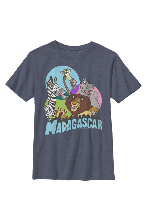 Boy's Madagascar Colorful Geometric Group Shot Graphic Tee Navy Blue Heather Medium