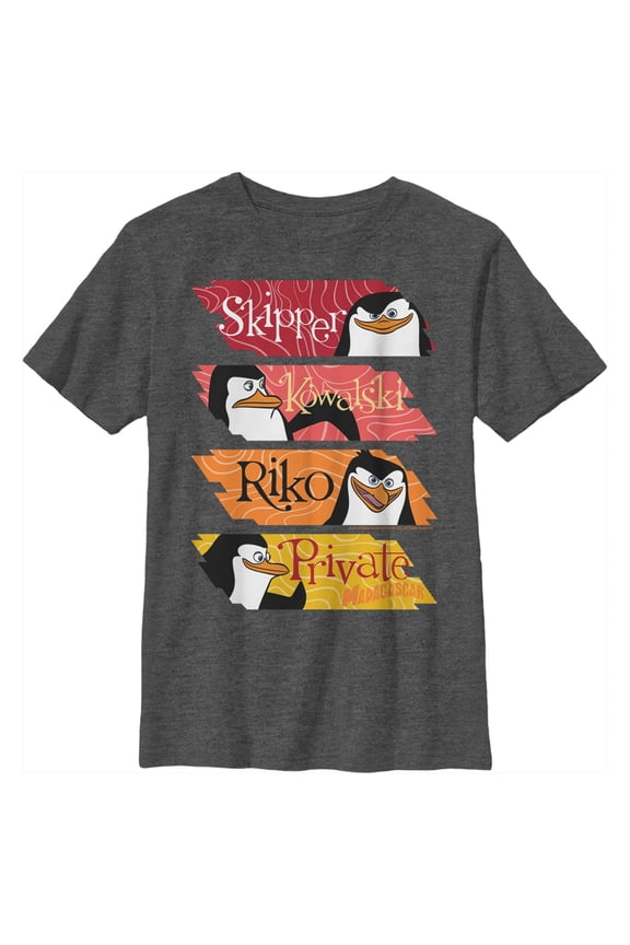 Boy's Madagascar Penguin Panels  Graphic Tee Charcoal Heather Large