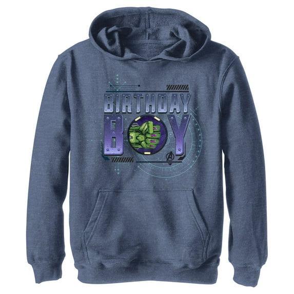 Boy's Marvel Birthday Boy Hulk Mech Suit Punch Pull Over Hoodie Navy Blue Heather Small