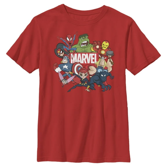 Boy's Marvel Brick Logo Character Pile  Graphic Tee Red Large