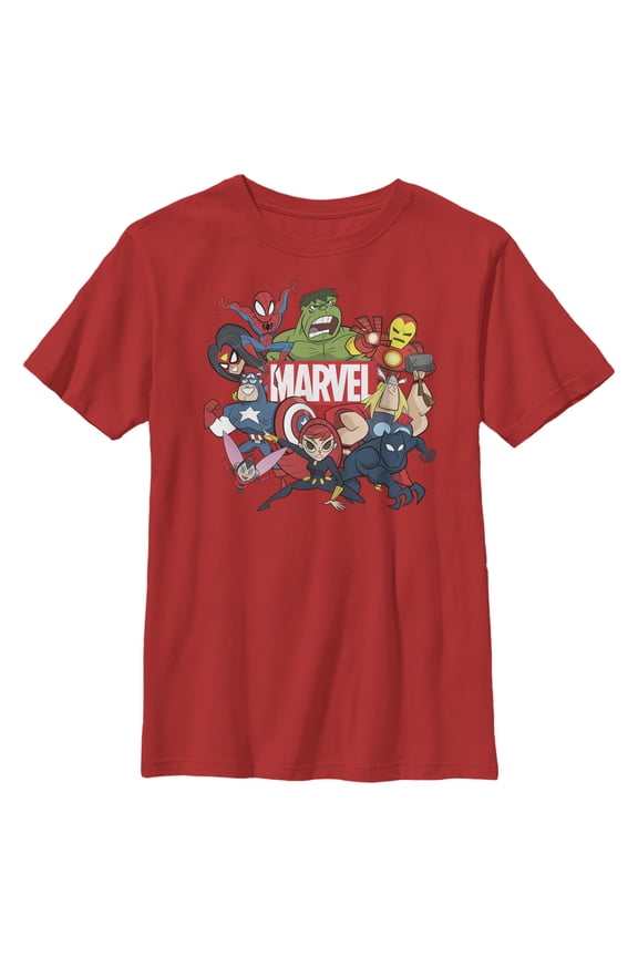 Boy's Marvel Brick Logo Character Pile Graphic Tee Red Medium