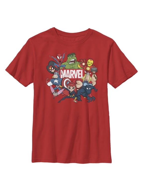Boy's Marvel Brick Logo Character Pile Graphic Tee Red X Small