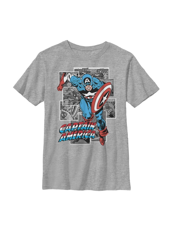 Boy's Marvel Captain America Gray Grayscale Panels Graphic Tee Athletic Heather Small