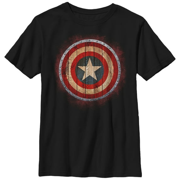 Boy's Marvel Captain America Shield Wood Print Graphic Tee Black Small