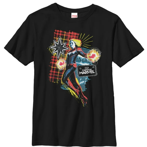 Boy's Marvel Captain Marvel Flannel Patch Print  Graphic Tee Black Large