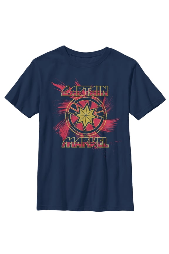 Boy's Marvel Captain Marvel Star Symbol Swirl  Graphic Tee Navy Blue X Small