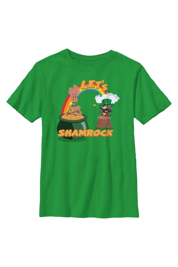Boy's Marvel Cartoon Rocket and Groot Let's Shamrock Graphic Tee Kelly Green Small