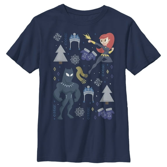 Boy's Marvel Christmas Black Widow & Panther Graphic Tee Navy Blue X Large
