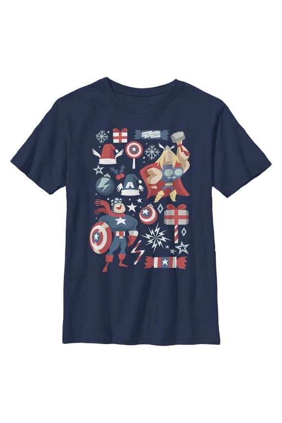 Boy's Marvel Christmas Festive Hero Icons  Graphic Tee Navy Blue Large