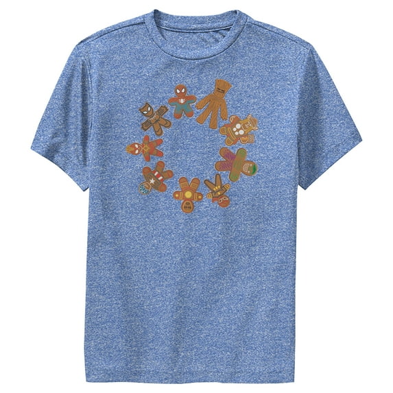 Boy's Marvel Christmas Gingerbread Cookie Circle Performance Graphic Tee Royal Blue Heather Large
