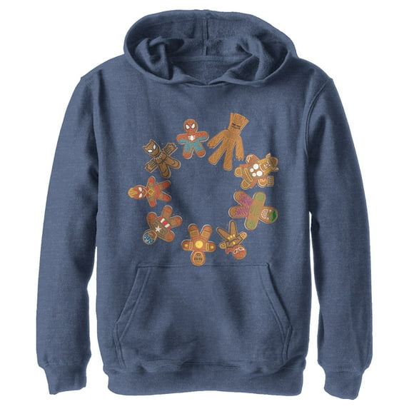 Boy's Marvel Christmas Gingerbread Cookie Circle Pull Over Hoodie Navy Blue Heather Small