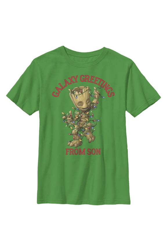 Boy's Marvel Christmas Groot Galaxy Greetings Son Graphic Tee Kelly Green Large