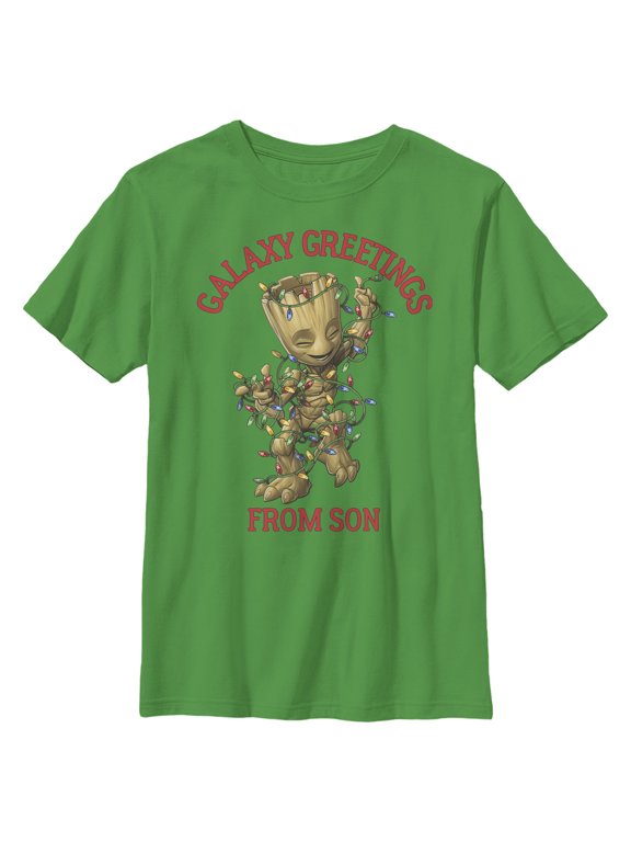 Boy's Marvel Christmas Groot Galaxy Greetings Son Graphic Tee Kelly Green X Large