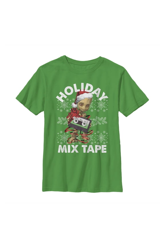 Boy's Marvel Christmas Groot Mix Tape Graphic Tee Kelly Green Large