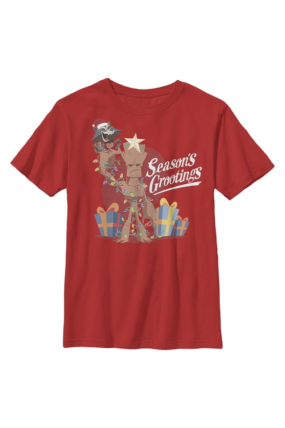 Boy's Marvel Christmas Groot & Rocket Season Grooting Graphic Tee Red Medium