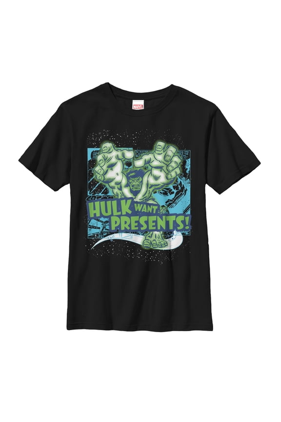 Boy's Marvel Christmas Hulk Wants Presents Graphic Tee Black Large