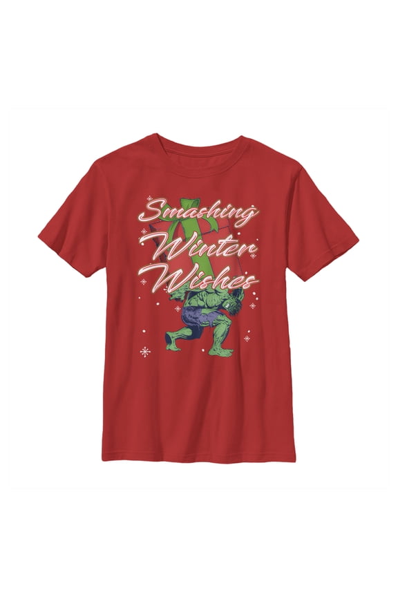 Boy's Marvel Christmas Hulk Wishes  Graphic Tee Red Small