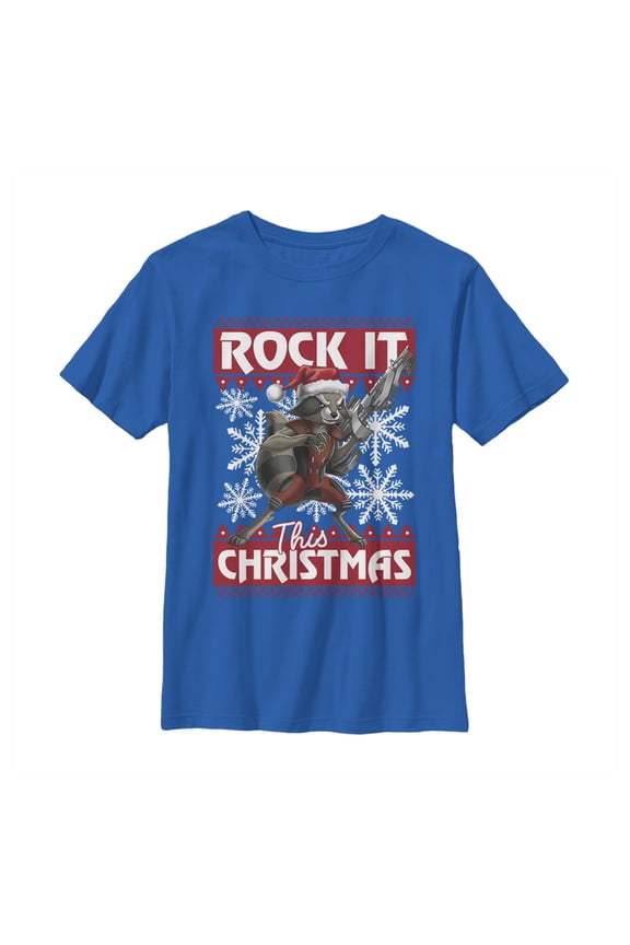 Boy's Marvel Christmas Rocket Greetings  Graphic Tee Royal Blue Small