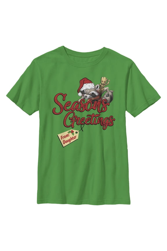 Boy's Marvel Christmas Rocket & Groot Daughter Greetings Graphic Tee Kelly Green X Large