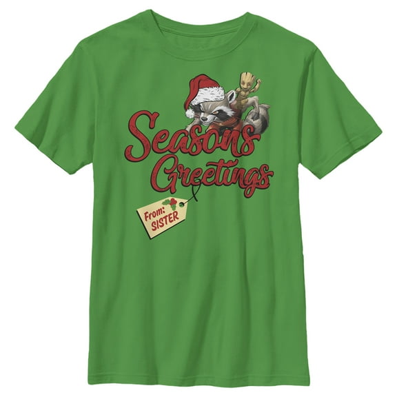 Boy's Marvel Christmas Rocket & Groot Sister Greetings  Graphic Tee Kelly Green X Large