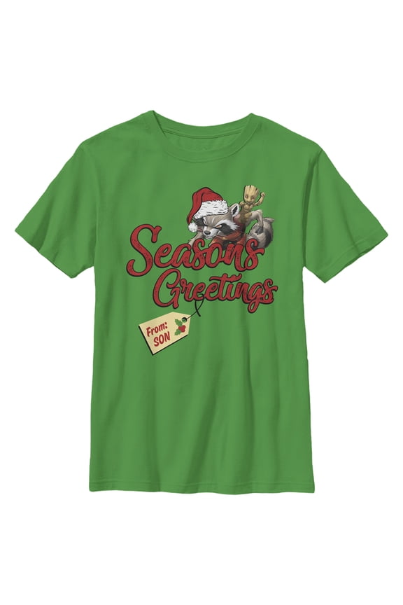 Boy's Marvel Christmas Rocket & Groot Son Greetings Graphic Tee Kelly Green X Small