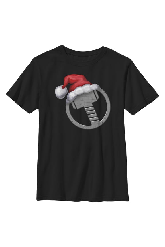 Boy's Marvel Christmas Santa Thor Hammer Graphic Tee Black Small