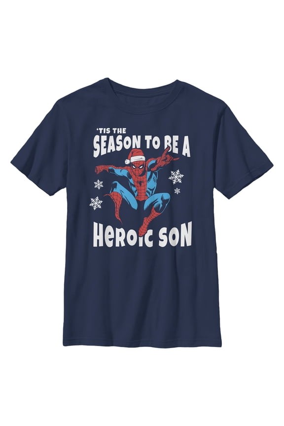 Boy's Marvel Christmas Spider-Man Heroic Son Graphic Tee Navy Blue Medium