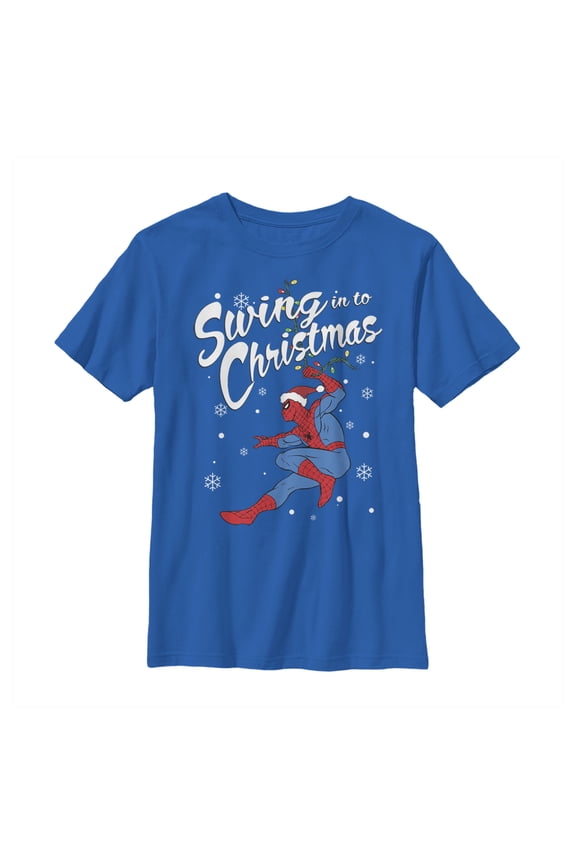 Boy's Marvel Christmas Spider-Man Swing Graphic Tee Royal Blue X Large