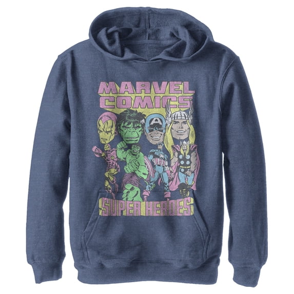 Boy's Marvel Classic Avengers Pull Over Hoodie Navy Blue Heather Medium