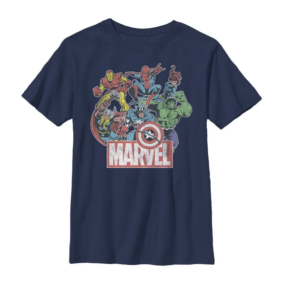 Boy's Marvel Classic Hero Collage Graphic Tee Navy Blue Large