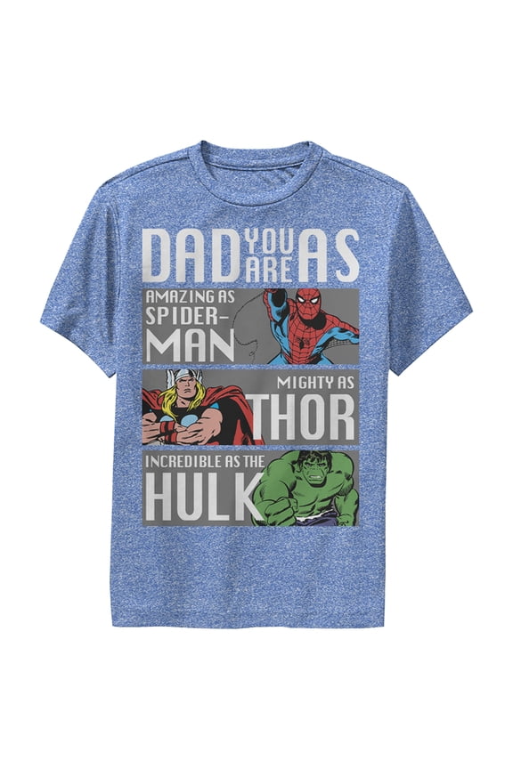 Boy's Marvel Dad You Are as Amazing as Spider-Man Mighty as Thor Incredible as the Hulk Performance Graphic Tee Royal Blue Heather Medium